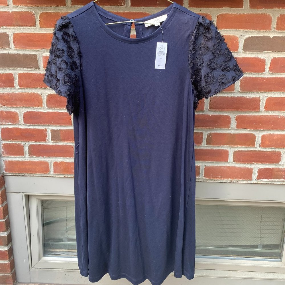New With Tags Loft Shift, Size M, Navy Knit with interesting sleeve detail